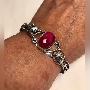 Garnet Stamped 925 Sterling Silver Cuff Bracelet